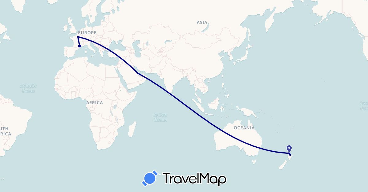 TravelMap itinerary: driving in France, New Zealand, Qatar (Asia, Europe, Oceania)